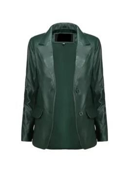 Green Leather Blazer with open front showing matching inner lining.