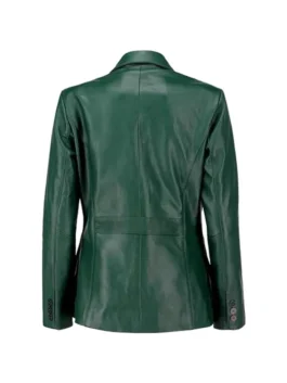 Back view of Green Leather Blazer with fitted seams and long sleeves.