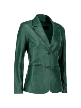 Side angle of Green Leather Blazer with two-button front and slim fit.