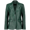 Front view of Green Leather Blazer with two buttons and flap pockets.