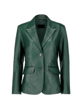 Front view of Green Leather Blazer with two buttons and flap pockets.