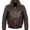 Front view of a dark brown leather bomber jacket with a silver zipper, angled side pockets, and ribbed knit trim, the iconic Fonzie style.