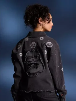 Front view of the Darth Vader Denim Jacket showing the relaxed fit and durable buttons.