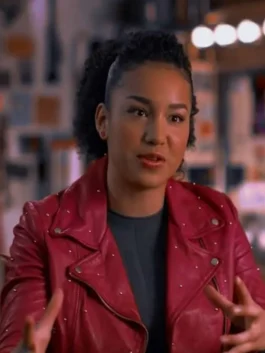 Front view of the gina high school musical pink jacket featuring sleek zippers and a soft lining.