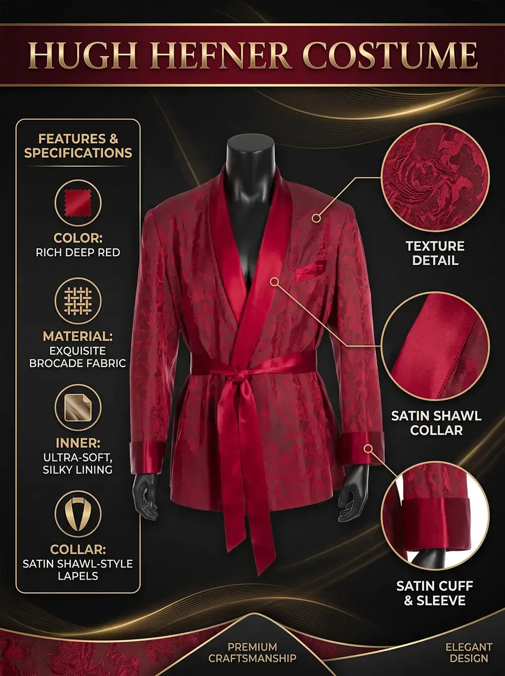 the Hugh Hefner Red Costume Robe, featuring a headless black mannequin wearing a rich red floral brocade smoking jacket with a satin shawl collar and tied sash, alongside a checklist of garment specs and three circular close-ups detailing the fabric texture, collar, and cuffs.