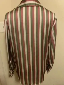 Back view of a pink and green vertically striped shirt on a mannequin.