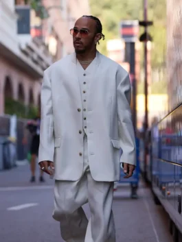 Lewis Hamilton Monaco Grand Prix suit in an off-white shade, styled with a formal waistcoat and baggy trousers for a modern 3 piece suit aesthetic.
