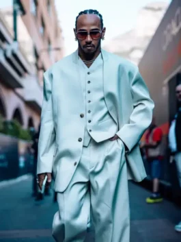 A bold Lewis Hamilton white 3 piece suit featuring a collarless blazer and tortoiseshell buttons, perfect for the iconic Monaco suit style.