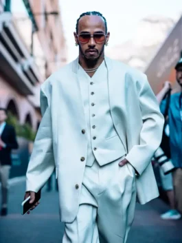 Lewis Hamilton white 3 piece suit with a structured waistcoat and oversized blazer, defining the Monaco GP Lewis Hamilton suit fashion trend.