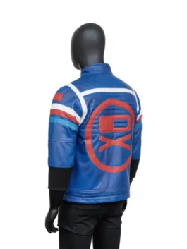 Back/side view of MCR Party Poison cosplay jacket in blue. My Chemical Romance Killjoys jacket showing the red 