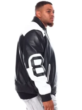 A sleek black and white leather 8-ball jacket with high-contrast circular graphics and a classic collar.