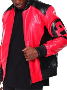 A premium Red 8 Ball Hooded Leather Jacket with high-contrast color blocking and a comfortable leather hood.
