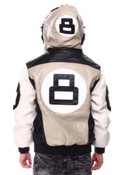 The back view of an 8 Ball Sand Bomber Leather Jacket featuring a large white 8-ball logo on a tan leather background.