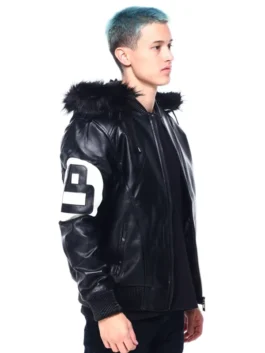 A sleek 8 Ball Real Leather Hooded Jacket in black with a built-in hood and crisp white graphics.