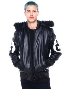 A sleek 8 Ball Real Leather Hooded Jacket in black with contrasting white circular decals and a built-in hood.