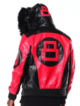 The rear view of a Red 8 Ball Hooded Leather Jacket with a large white 8-ball logo and a black leather hood.