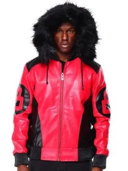 A front view of the Red 8 Ball Hooded Leather Jacket in black and red with a sturdy zipper and sleeve decals.