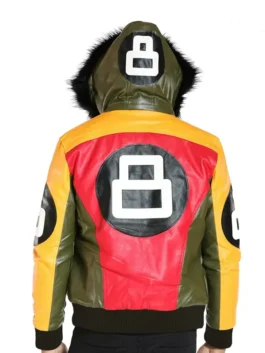 The back view of a Tri Color 8 Ball Leather Jacket showing a large white logo and a plush fur-lined hood.