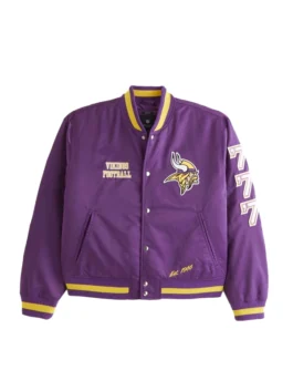 Front of a purple Minnesota Vikings satin varsity bomber jacket with "Vikings Football," a logo patch, "Est. 1966," and '777' on the left sleeve.