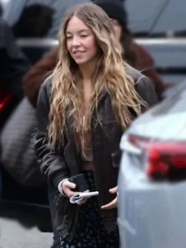 Sydney Sweeney The Housemaid jacket in an oversized fit, worn on location for her role as Millie Calloway in the 2025 film production.