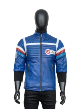 My Chemical Romance Killjoys jacket in blue on a black mannequin. Party Poison Killjoys leather jacket with white, red, and blue stripes.
