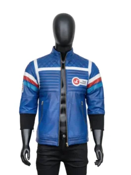 My Chemical Romance Party Poison costume jacket. Blue Killjoys leather jacket on a black mannequin, featuring the Dead Pegasus logo.