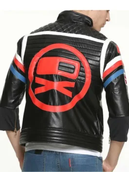 My Chemical Romance themed cosplay jacket, back view. Party Poison Killjoys leather jacket in black with a large red 