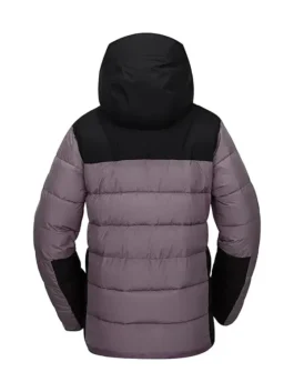 Back view of a women’s mauve and black hooded puffer jacket with quilted panels.