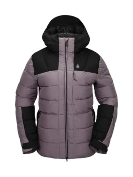 Front view of a women’s mauve and black hooded puffer jacket with a full zipper and quilted insulation.