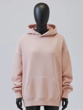 Front view of a Pacsun Essentials peach hoodie mens on a black mannequin, an oversized hoodie for casual wear.