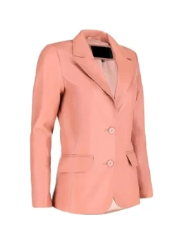 Side angle of Pink Leather Blazer with notch lapel and two-button front.