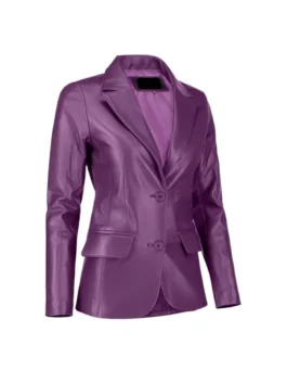 Side angle of Purple Leather Blazer with two-button front and flap pockets.