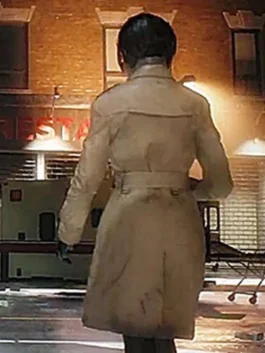 ada wong trench coat back view showing the long-line silhouette and waist belt.