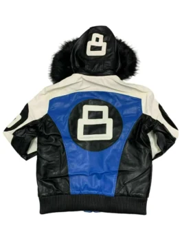 The back view of a robert phillipe 8 ball jacket showing a large white logo and a plush fur-trimmed hood.