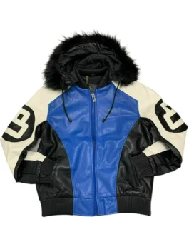 The front view of a robert phillipe 8 ball jacket in electric blue with a plush fur hood and white graphics.