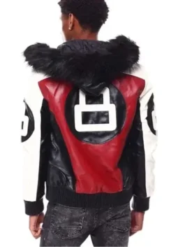 A vibrant Mens Red 8 Ball Leather Jacket by Robert Phillipe with white sleeve panels and bold circular decals.