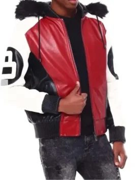A striking Mens Red 8 Ball Leather Jacket by Robert Phillipe featuring premium stitching and bold monochromatic decals.