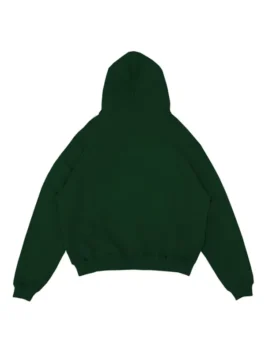 Rue Porter green hoodie back view, a blank french terry heavyweight, great for an oversized casual look.