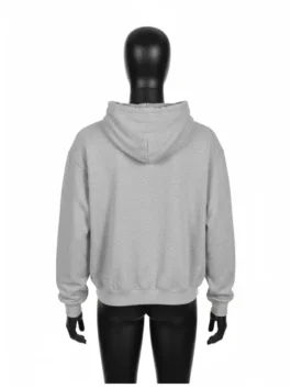 Back view of a Rue Porter heather grey hoodie. A rue porter heavyweight hoodie with a fleece lining, perfect for a cozy hoodie outfit or loungewear.