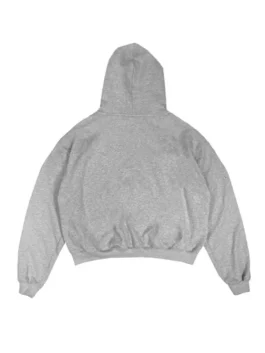 Rue Porter grey hoodie back side, an everyday blank, a comfortable relaxed fit minimalist heather grey pullover.
