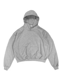 Rue Porter heather grey hoodie front view, a blank heavyweight and oversized pullover, ideal for loungewear.