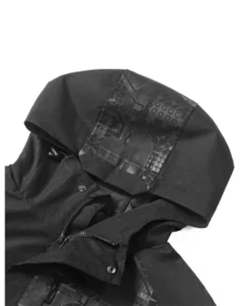 Close-up of the hood on the black Salvation's Edge Raid Jacket from Destiny 2 The Final Shape, showing the black-on-black pattern.