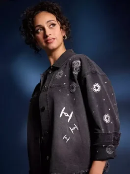 A stylish Darth Vader Denim Jacket featuring sparkling rhinestone details on the back.