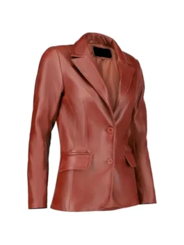 Angled view of tan leather blazer with notch lapels, two-button closure, and flap pockets