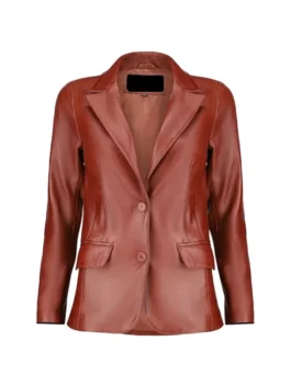 Front view of tan leather blazer with notch lapels, two-button closure, and flap pockets