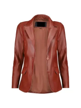 Front open tan leather blazer showing inner lining, notch lapels, and flap pockets