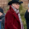 Side view of the Paul Feig The Housemaid Red Wool Coat, showing the high-quality textured material and structured collar of the 2025 movie outfit.