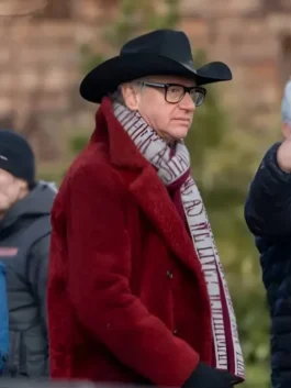 Side view of the Paul Feig The Housemaid Red Wool Coat, showing the high-quality textured material and structured collar of the 2025 movie outfit.
