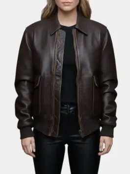 Front view of the The Housemaid Sydney Sweeney bomber jacket, featuring a sturdy zipper and flap pockets for a timeless leather look.