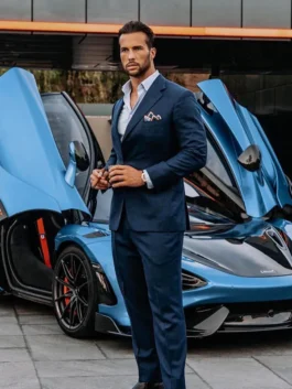 tristan tate suit in a vibrant royal blue hue with a classic peak lapel.